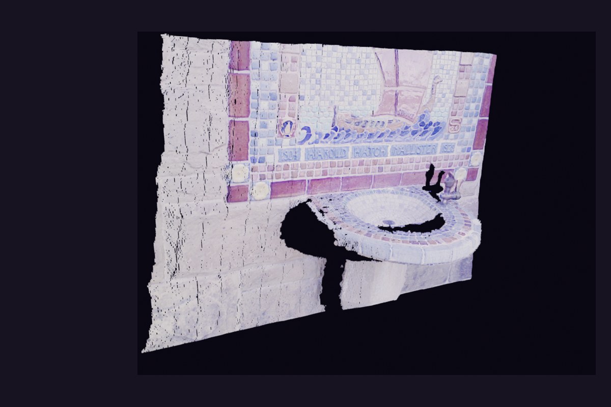 A single RGB-D photo of a tiled fountain lifted into a coloured 3D point cloud
